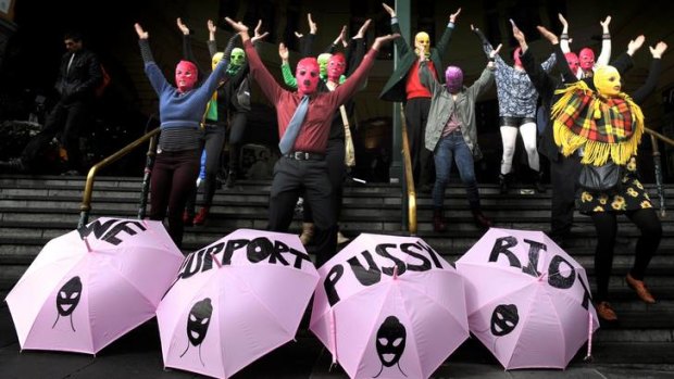 Raising objections ... Pussy Riot supporters in Melbourne yesterday.