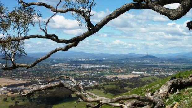 A view from near the summit of One Tree Hill over Gungahlin and towards the city