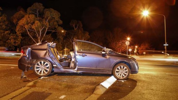 The scene of a car accident at the intersection of the Batman Street and Limestone Avenue in Braddon on Tuesday.