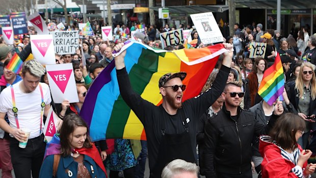 Same-sex marriage supporters rally in Melbourne.