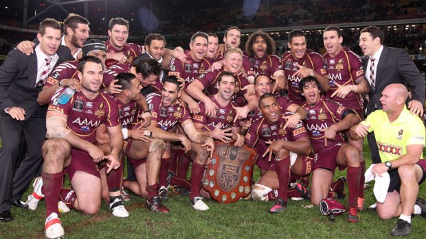The Maroons celebrate victory after game three of the 2012 State of Origin series between the Queensland Maroons and the New South Wales Blues at Suncorp Stadium on July 4, 2012 in Brisbane, Australia.
