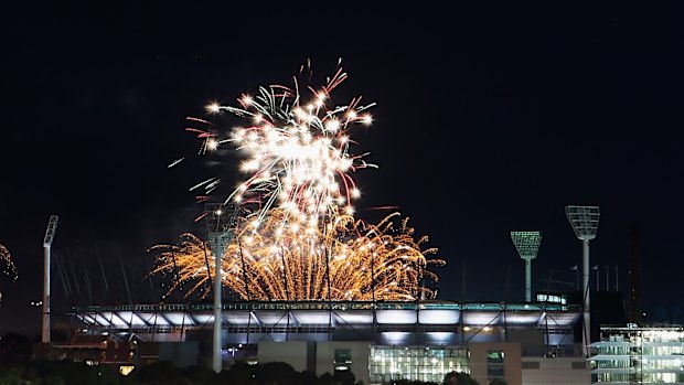 The 9.30pm fireworks display, seen from Federation Square.