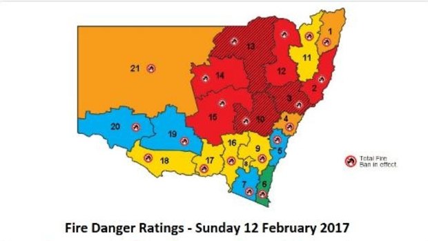 Red alert: An upgraded fire warning for NSW released by the Rural Fire Service on Sunday.