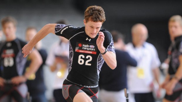 Draft hopeful: Jed Bews of the Geelong Falcons is tested in the sprint.