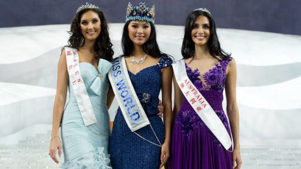 Top 3 ... Miss World 2012 winner Yu Wenxia (centre) of China, second-placed Miss Wales Sophie Moulds (left) and third-placed Miss Australia Jessica Kahawaty.