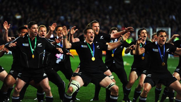The All Blacks perform the haka to celebrate their World Cup victory.