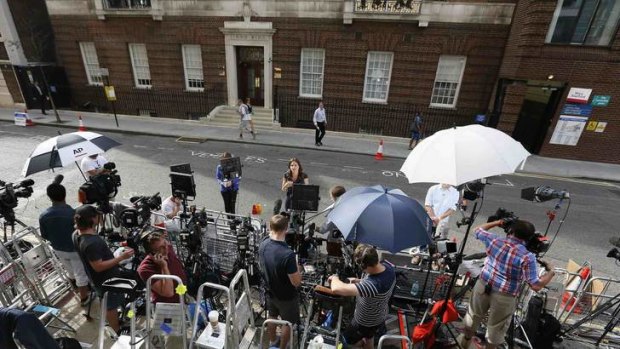 Paranoid: the press pen opposite the Lindo Wing of St Mary's Hospital.