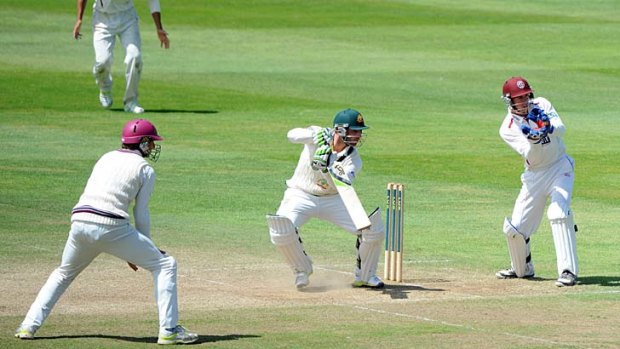Firm footing: Phillip Hughes excelled with the bat against Somerset, scoring 76 not out and 50, in a major boost to his confidence before the Ashes series begins.