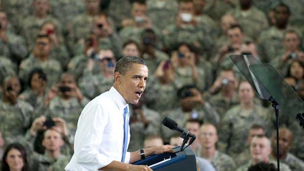 US President Barack Obama addresses troops at Fort Campbell, Kentucky, after meeting privately with the assault force behind the raid that killed Osama bin Laden.