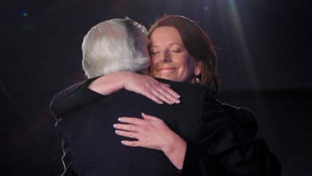 Prime Minister Julia Gillard hugs her political hero, the nation's former leader, Bob Hawke.