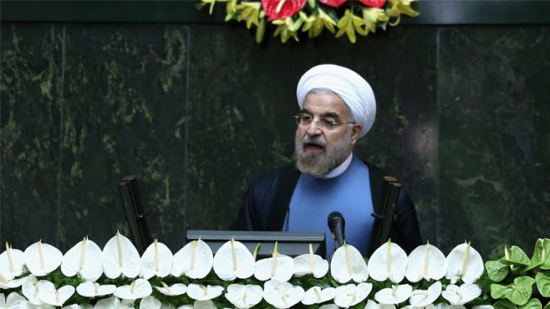 Iran's new President Hasan Rouhani delivers a speech after his swearing-in at the parliament in Tehran, Iran.