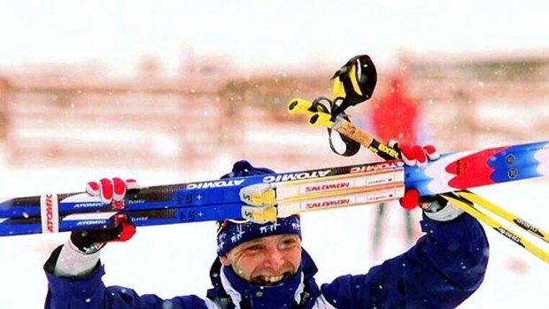 Mika Myllyla celebrating his victory in the 30 kilometres cross-country ski race at the Olympic games held in Nagano in 1998.