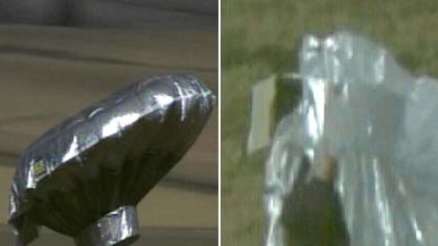 Mystery ... the home-made aircraft flew through the Colorado skies, top left, before being deflated when it came back down to earth, top right. Bottom, Richard and Mayumi Heene, pictured with their children, one of whom is Falcon, 6, who is missing.