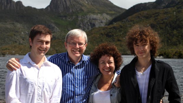 Nick Rudd, Kevin Rudd, Therese Rein and Marcus Rudd visit Tasmania's Cradle Mountain in January.