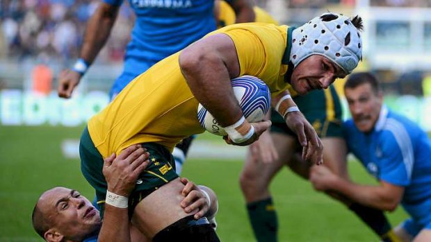 Ben Mowen crashes over for the Wallabies' first try