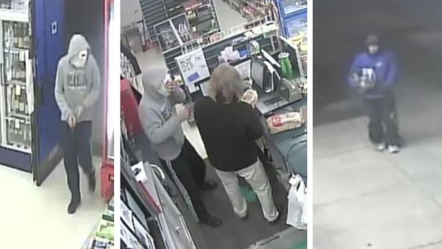 Stills from CCTV footage show a man who robbed the Braddon supermarket on Saturday, and another man who waited outside.