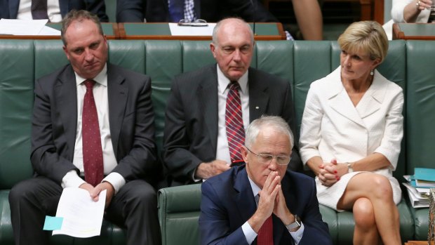 Prime Minister Malcolm Turnbull Agriculture Minister Barnaby Joyce and Deputy Prime Minister Warren Truss and Minister for Foreign Affairs Julie Bishop during Question Time at Parliament House in Canberra on Thursday 11 February 2016. Photo: Alex Ellinghausen ... turnbullgallery