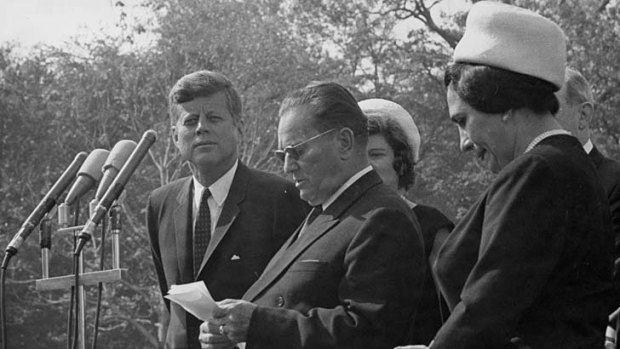 Stand by your man: Yugoslavia's former first lady and the third wife of Josip Broz Tito often travelled with her husband on official trips, they are seen here with John F Kennedy in Washington in 1963.