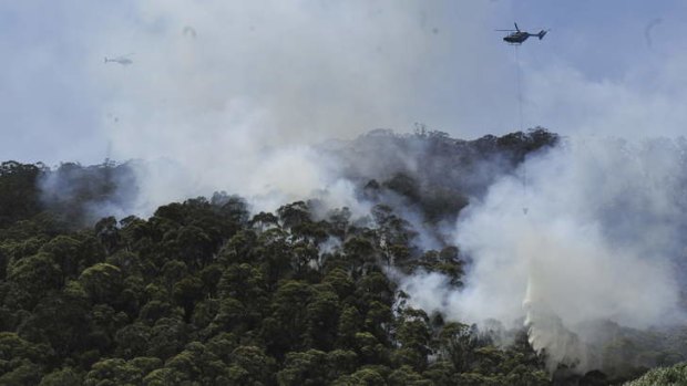 Cooling off ... helicopters water-bomb the bushfire west of Lithgow.