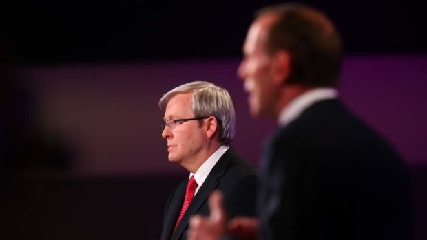 Prime Minister Kevin Rudd and Opposition leader Tony Abbott during the leaders debate in Canberra on Sunday.