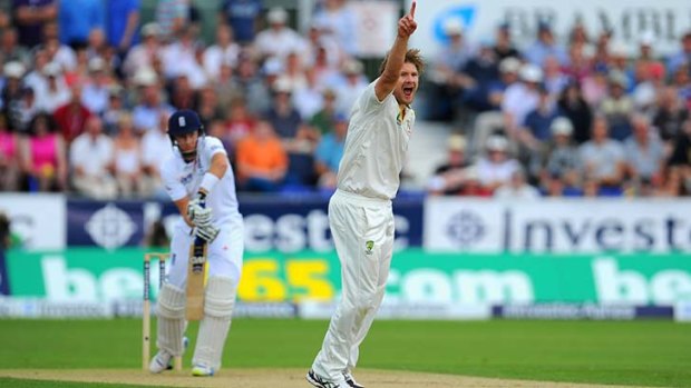Shane Watson appeals for the wicket of Joe Root in the first session of play of the fourth Test. The England opener was given out after a review.