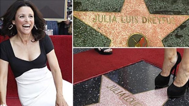 Before and after ... Julia Louis-Dreyfus's name was corrected in time for the ceremony. Photos: Reuters, CNN, AP