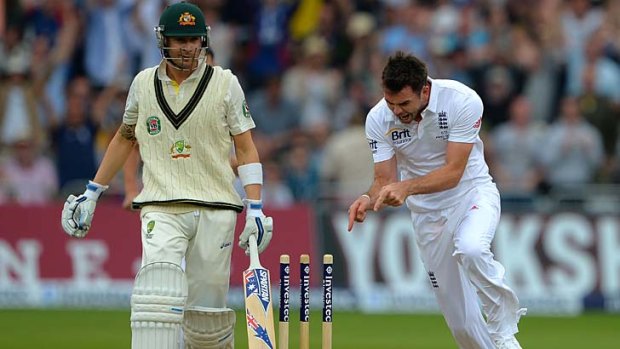 Making his point: James Anderson dances a jig after dismissing Michael Clarke.