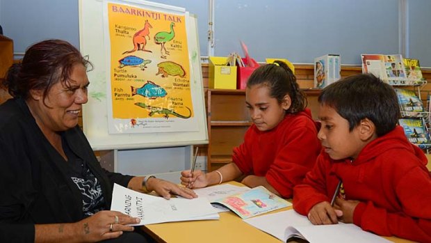Talk time: Kayleen Kerwin tutors Sammarah Lea Edge, 10, and Shakur Johnson, 8, in Paakantyi.
