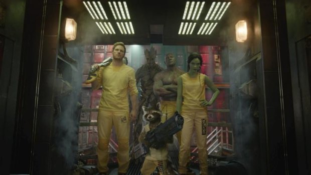 Here's trouble: Chris Pratt as Peter Quill, with Zoe Saldana as Gamora, Rocket Raccoon (Bradley Cooper), Vin Diesel as Groot and Dave Batista as Drax the Destroyer, star in <i>Guardians of the Galaxy</i>.