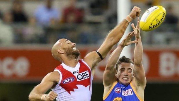 Jarrad McVeigh spoils for the Swans in their win over Brisbane.