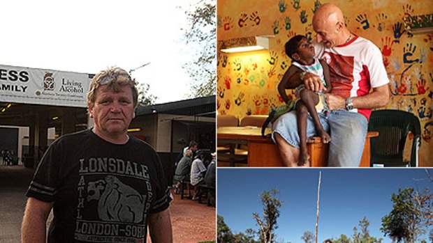 What intervention? ... (clockwise from left) Alex Siebert, a publican, at the Gunbalanya Sports and Social Club, which since 2007 has sold only light beer; Dr Hugh Heggie with Kia Anderson, 5. He says alcohol restrictions have helped make locals healthier; Gurmbaladj Nabegeyo, an elder, gathers pandanus grass for weaving. <i>Photos: Glenn Campbell</i> 