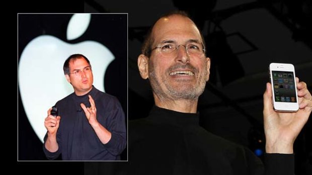 Apple CEO Steve Jobs holds the new iPhone, right. Inset:  Addressing the faithful in 1998.