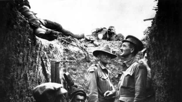 Australian soldiers in a trench on Anzac Cove. 