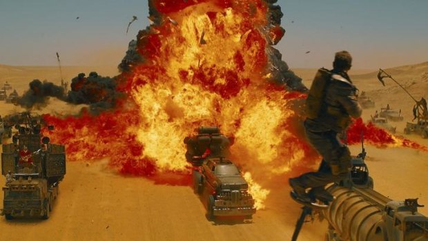 Fiery scenes in the desert as vehicles collide and the action hots up.