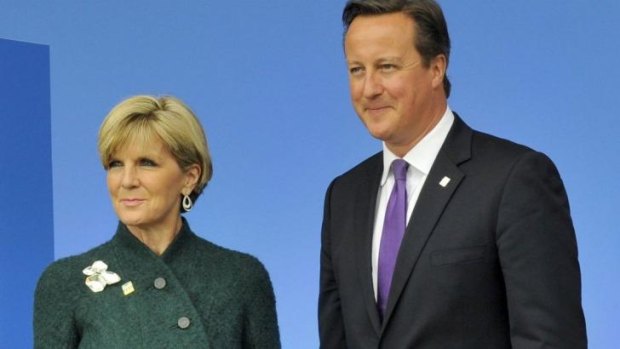 Britain's Prime Minister David Cameron with Julie Bishop at the start of the NATO summit near Newport in Wales.