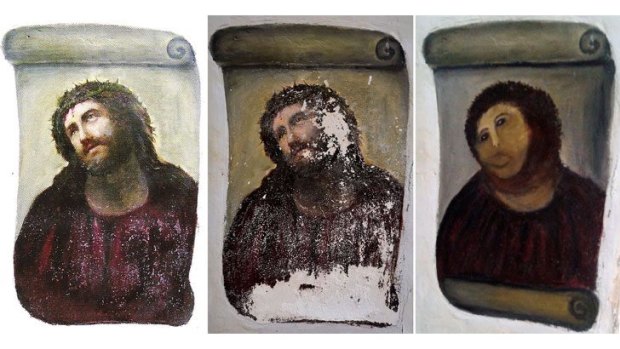 The original version of the painting <i>Ecce Homo</i>, left, by 19th-century painter Elias Garcia Martinez, the deteriorated version, centre, and the restored version.