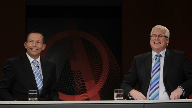 Host Tony Jones with opposition leader Tony Abbott on an episode of <i>Q&A</i>.