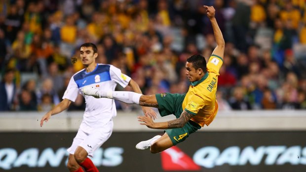 Tim Cahill in action for the Socceroos in their World Cup qualifier against Kyrgyzstan earlier on November 12.