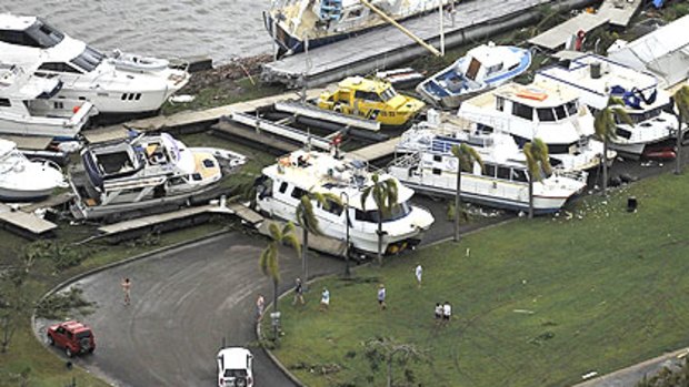 Cyclone Yasi swept boats ashore at Hinchinbrook Marina in Cardwell.
