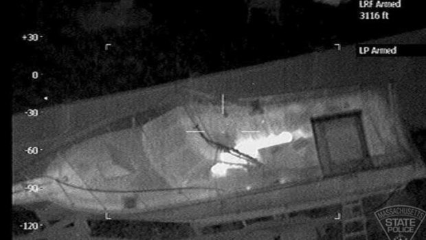 An aerial infrared image shows the outline of Dzhokhar Tsarnaev hiding in a boat during the manhunt in Watertown.