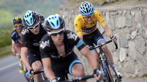 Extraordinary year: Rohan Dennis rides in the Dauphine Criterium yellow jersey with Spain's Alberto Contador, Britain's Christopher Froome, Australia's Richie Porte.
