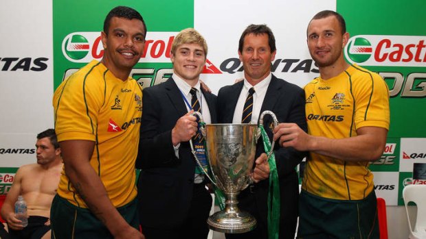 Robbie Deans and the Three Amigos ... Kurtley Beale, James O'Connor, Wallabies coach Robbie Deans and Quade Cooper of the Wallabies pose with the Tri-Nations trophy in 2011.
