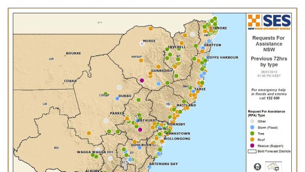 Calls for help ... the SES tweeted this map at 1.45pm