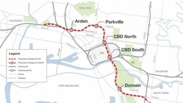 The planned route for the proposed $10.9 billion Melbourne Metro.