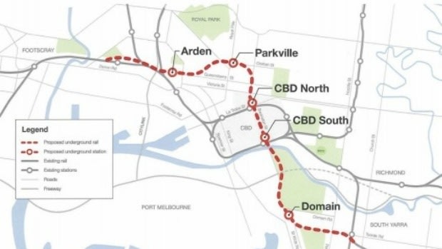 The planned route for the proposed $10.9 billion Melbourne Metro. 