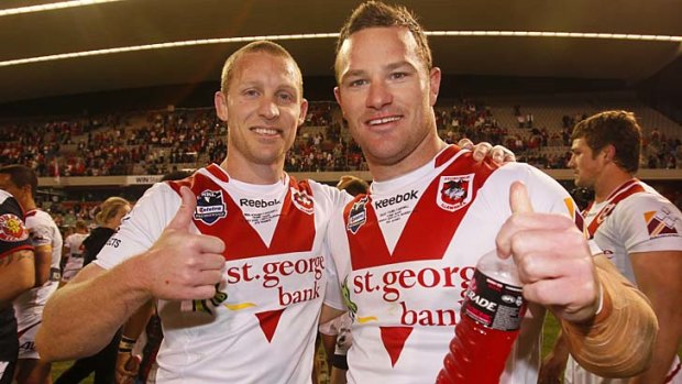 Fond farewell ... Dean Young, right, with retiring Dragons skipper and best mate Ben Hornby after the final match in Wollongong last Saturday.