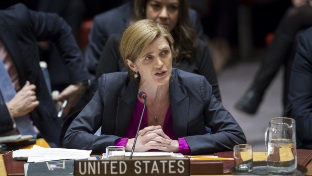 The US ambassador to the UN Samantha Power addresses the UN Nations Security Council, after the council voted on condemning Israel's settlements.