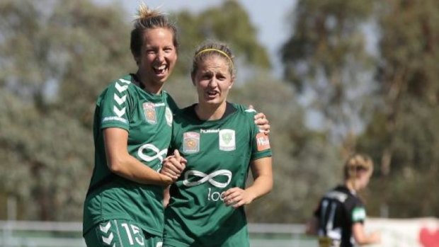 Sally Shipard with Ellie Brush during happier times at Canberra United.