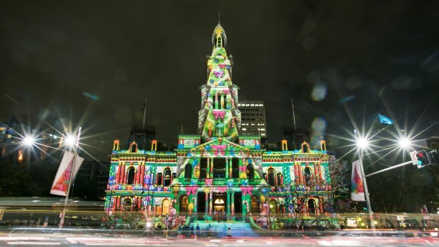 Christmas light projections at Sydney Town Hall.