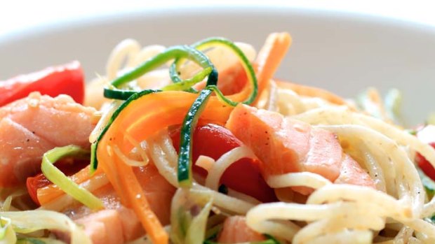 Steve Manfredi's  spaghettini with hot-smoked salmon and vegetables.